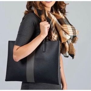 Vince Camuto Vegan Leather Black Gray Stripe Tote Bag New!